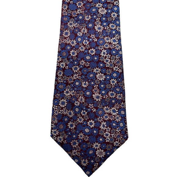 Joseph Abboud 100% Silk Tie Blue  Burgundy Floral Pattern‎  59.75” x 3” - Picture 2 of 7